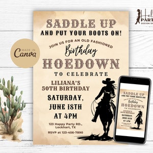 Invito modificabile a cavallo da cowgirl - Festa di compleanno western in sella - Modello stampabile rustico country per invito digitale CP