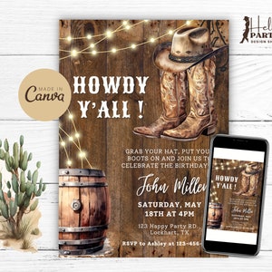 Bewerkbare Howdy Y'All verjaardagsuitnodiging voor feest - western cowboy digitale uitnodiging rustieke land laarzen hoed hout afdrukbare canvas sjabloon CB11
