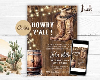 Editable Howdy Y'All Birthday Party Invitation -Western Cowboy Digital Invite Rustic Country Boots Hat Wood Printable Canva Template CB11