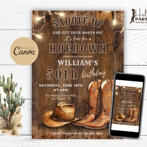 Invito per la festa del 50° compleanno con stile Western Hoedown modificabile - Invito digitale da cowboy, stivali rustici, cappello in legno - Modello Canva stampabile CB