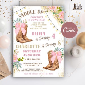 May include: A party invitation with a western theme. The invitation features illustrations of cowboy boots, pink bows, and floral accents. Text includes "Saddle Up" and details for a double birthday party.