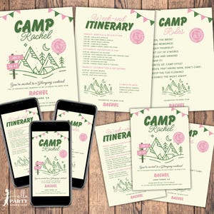 Camp Bachelorette Party Invitation, Camping Bachelorette Itinerary, Bachelorette Camp Rules, Mountain Bachelorette Girls Trip, Canva BP2