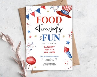 Bearbeitbar 4. Juli Kochen Einladung, Essen Feuerwerk und Spaß Hinterhof Grillen, Unabhängigkeitstag, Canva
