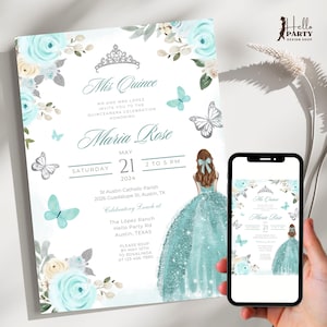 Mint Blue Quinceañera Invitation, Mint Green Quince Invite, 15th Birthday Princess Invite, Silver Crown Mis Quince Party, Butterfly QMG1