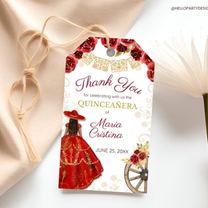 Editable Charra Red Gold Quinceañera Thank You Tag - Mexican 15th Birthday Printable Favor Tag Mis Quince Cowgirl Princess Sombrero QR16