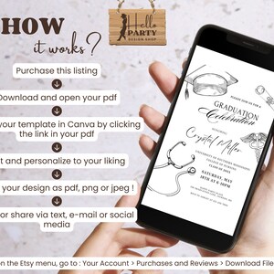 May include: A smartphone displaying a graduation invitation template for Canva. The invitation features a black and white illustration of a graduation cap, stethoscope, and medical symbol. The text on the invitation reads "Please join us for a Graduation Celebration honoring Crystal Miller".