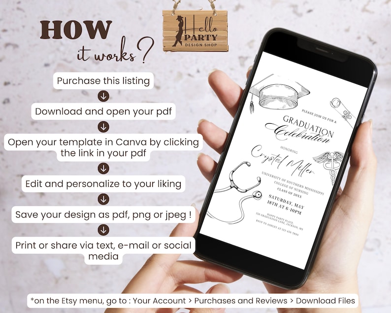 May include: A smartphone displaying a graduation invitation template for Canva. The invitation features a black and white illustration of a graduation cap, stethoscope, and medical symbol. The text on the invitation reads "Please join us for a Graduation Celebration honoring Crystal Miller".