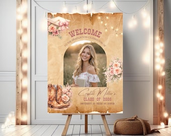Bearbeitbares Blumen-Western-Graduations-Foto-Willkommensschild, Kokette Cowgirl-Grad-Party-Party-Dekor GR14