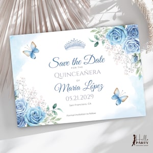 Cartão azul Quinceañera Save The Date 5" X 3,5", modelo de convite para festa floral DIY editável para 15º aniversário, coroa de borboleta Mis Quince QB3
