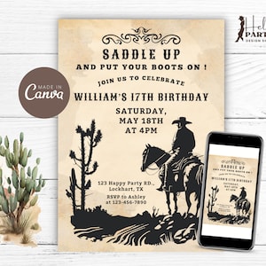 Invito di compleanno modificabile con cavallo da cowboy in nero - Invito digitale con cavallo da cowboy in carta vintage - Modello Canva stampabile CB