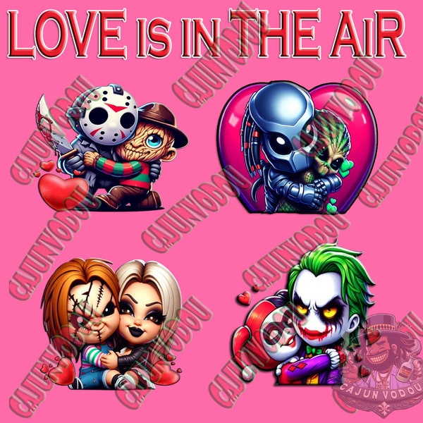 LOVE iS iN tHE AIR 4 pack Chibi Horror Valentine emotes Bundle,  Killer Horror Valentine Story Png Bundle, Png, Killer Character, Movies,DBD