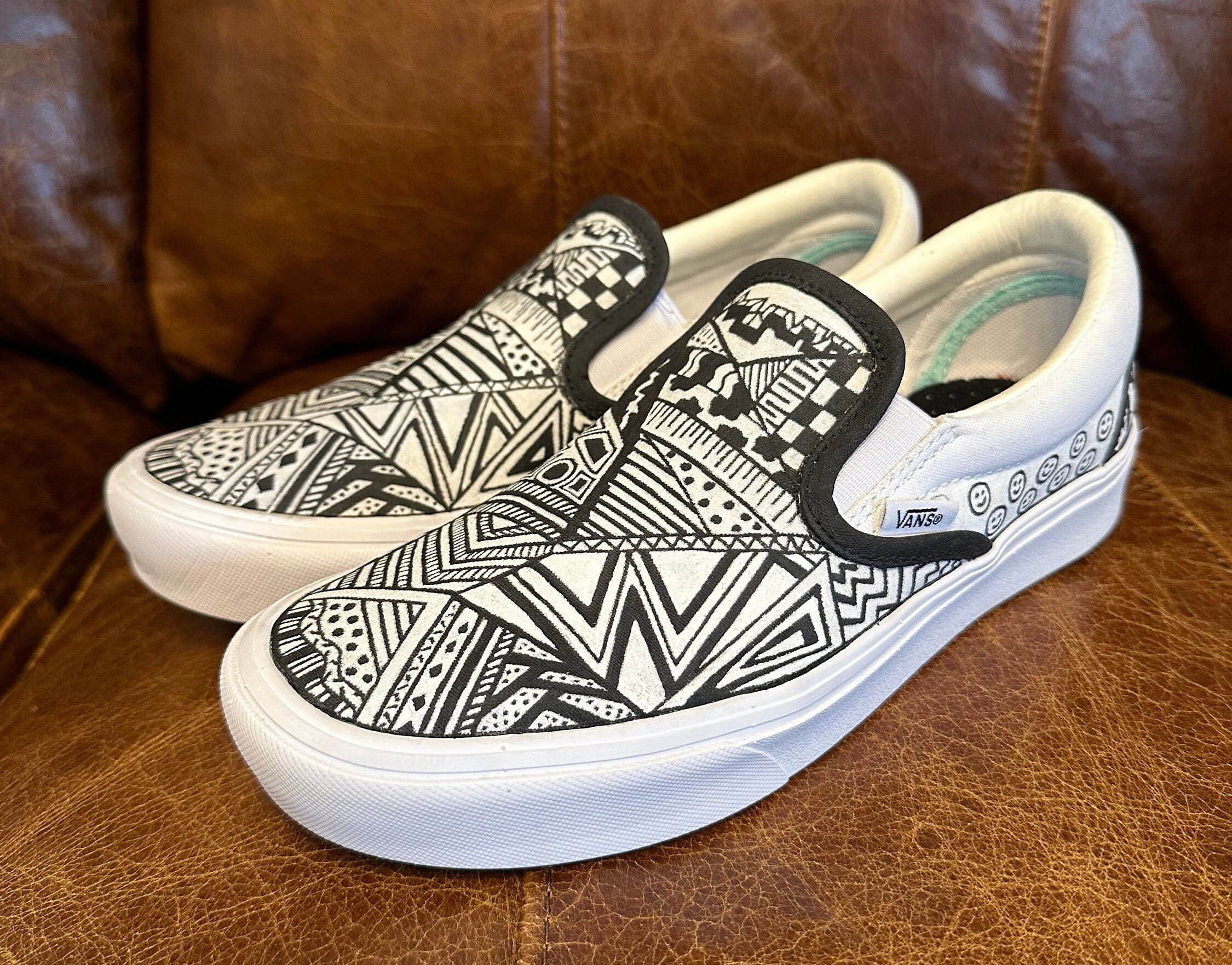 Doodle Art Black and White Slip on Vans Hand Painted Made to