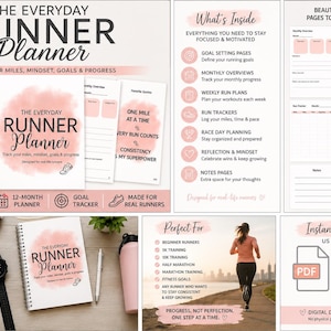 Może przedstawiać: The Everyday Runner Planner, cyfrowy plik PDF, zawiera 12-miesięczny planer ze śledzeniem celów. Projekt zawiera różowe akcenty i tekst ze słowami "Śledź swoje mile, nastawienie, cele i postępy."