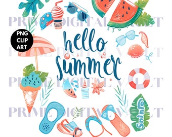 Hello Summer PNG Clipart: Beach Vacation Design (Digital Download)