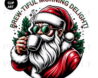 Funny Santa Drinking Coffee PNG: Christmas Clipart (Digital Download)