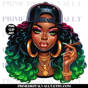 May include: Digital clip art of a woman with dark skin, wearing a black cap, gold jewellery, and holding a cigar. Her hair is black with green and pink highlights. The image includes the text "PNG CLIP ART" and "PRIMEDIGITALVAULT.ETSY.COM".