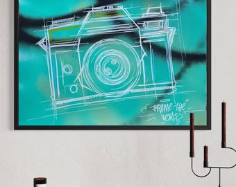 Retro Graffiti Printable – Frame the World | Camera Wall Art Poster | Urban Street Art Digital Download by YRT.Studio