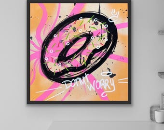 Orange Graffiti Canvas – Donut Worry | One of a Kind Playful Street Art Painting | Abstract Wall Art | Modern Home Decor | by YRT.studio