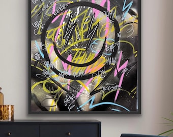 Original Graffiti Smiley Canvas – Smiley Sparks | One of a kind Street Art Painting | Playful Posca Illustration by YRT.studio