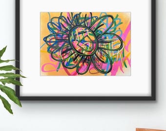 Raw Graffiti Drawing – Bloom | Colorful Urban Flower Style Art | Small Original Street Artwork on Paper by YRT.studio