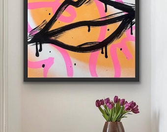 One of a Kind Kiss Graffiti Canvas Art - Bite Me | Orange Original Street Artwork | Playful Posca Illustration by YRT.studio