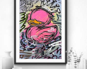 Pink Graffiti Wall Art – Duck Face | Colorful Raw Urban Street Art on Paper | Playful Posca Illustration by YRT.studio