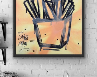 Yellow Graffiti Canvas Art - Snack Attack | Original Street Artwork | Playful Posca Illustration by YRT.studio