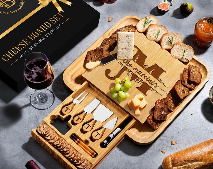 Personalized Charcuterie Board set - Custom Engraved Cheese Board - Food Serving Board - Anniversary & Housewarming - Wedding Gift for Wife