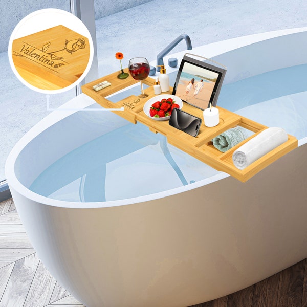 Wooden Bathroom Rack - Customize Bathtub Caddy Tray - Bathroom Accessories - Storage Organizer Rack - Book/iPad Stand, Glass & Phone Holder