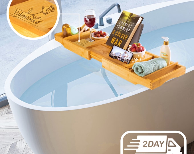 Personalize Bathtub Caddy Tray - Bamboo Bath Tray - Romantic Honeymoon Gift Wine Glass Phone Tablet iPad Book Holder, Bath Decor - Best Gift