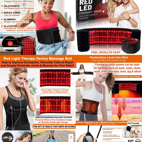 Red & Infra-Red Light Therapy Led Body Wrap Belt, Soreness, Injury, Circulation, Weight Loss, Fat Loss w / Exclusive Massage Vibration Tech