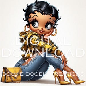 Op de afbeelding: Een cartoonillustratie van een vrouw met een bruine huid, zwart haar en grote ogen. Ze draagt ​​een geel en zwart geruit overhemd, een blauwe spijkerbroek met scheuren en gele hakken. Ze houdt een gele handtas vast met een gouden ketting.