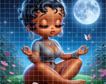 Puede incluir: Una ilustración de dibujos animados de una mujer meditando en un campo de flores bajo la luna llena. Lleva una camisa gris, un collar y pulseras. Una mariposa vuela en el cielo.