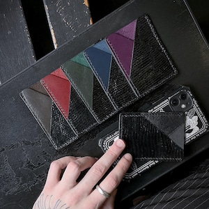 Porta carte di credito in pelle nera fatto a mano, vitello box e pelle di lucertola, minimalista ed elegante, prodotto in Francia, perfetto per la vita di tutti i giorni