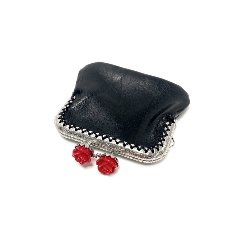 Black Leather Coin Purse with metal Roses Kiss Lock, Genuine Leather, Handmade Leathergoods, Gothic and Floral Style, Made in France Black + Red