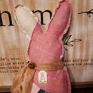 Vintage Quilt Bunny Rabbit Pillow pink quilt with grungy tie bunny tag rusty pin