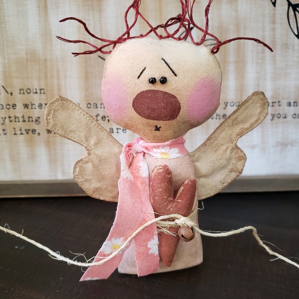 Primitive Angel Annie sitter with Heart small size Raggedy Ann Angel with light pink dress