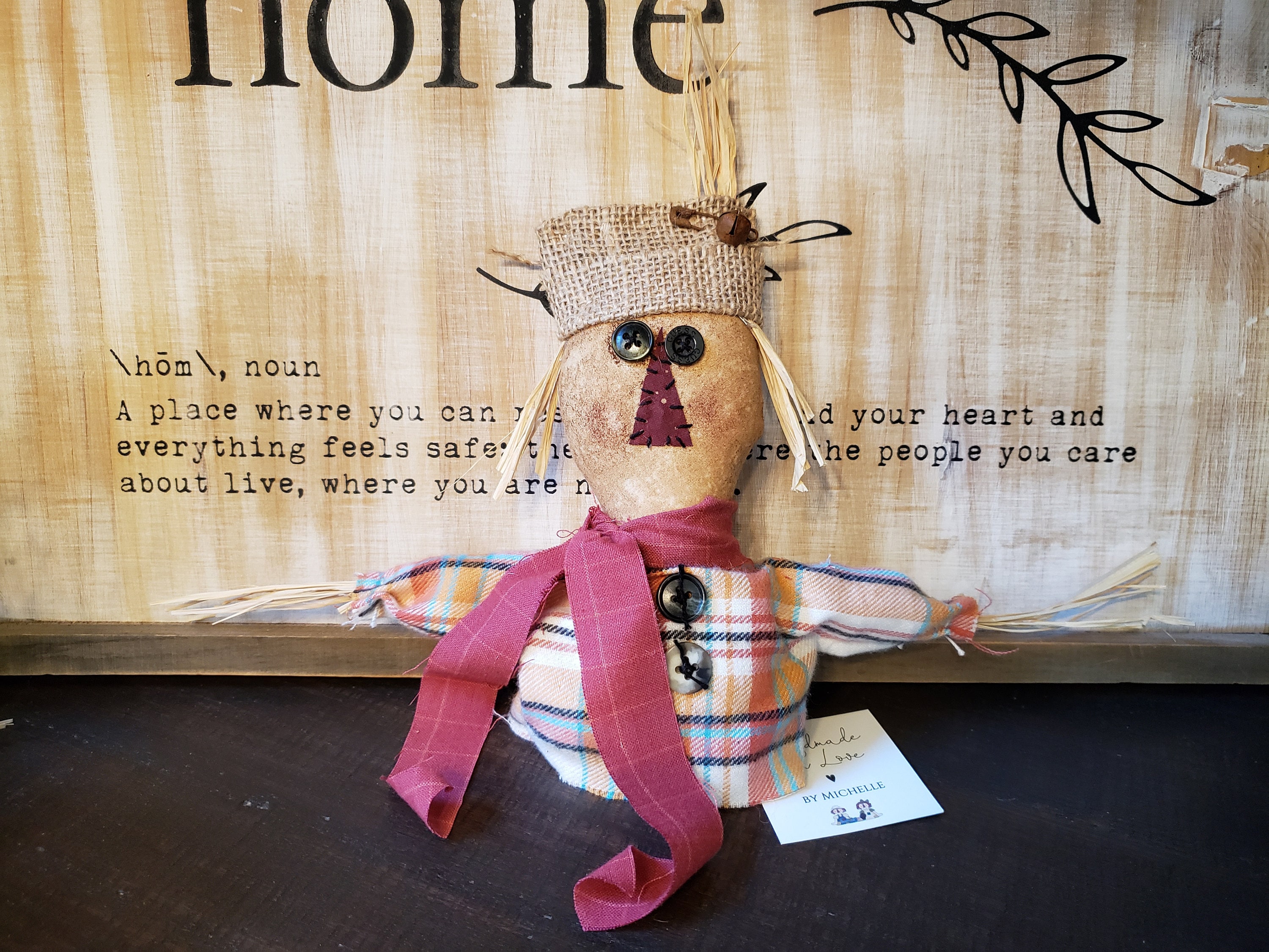 Primitive Scarecrow fall decoration  Rustic Clyde the Scarecrow with plaid shirt and burlap hat