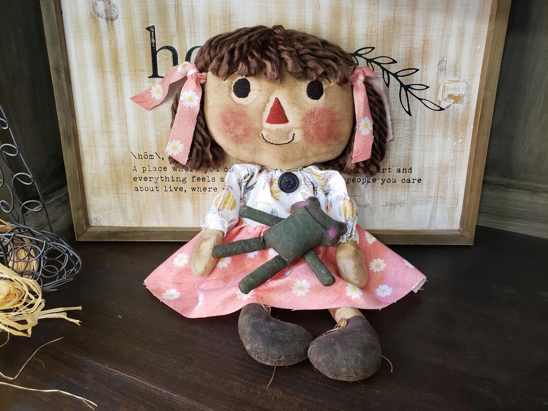 Primitive Raggedy Ann Doll ~ Froggie Ann With Brown Hair and Hugs a ...
