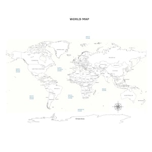 World Map Coloring Page with Country Names – Full Printable World Map Activity Sheet with Oceans, Landmarks & Compass Rose