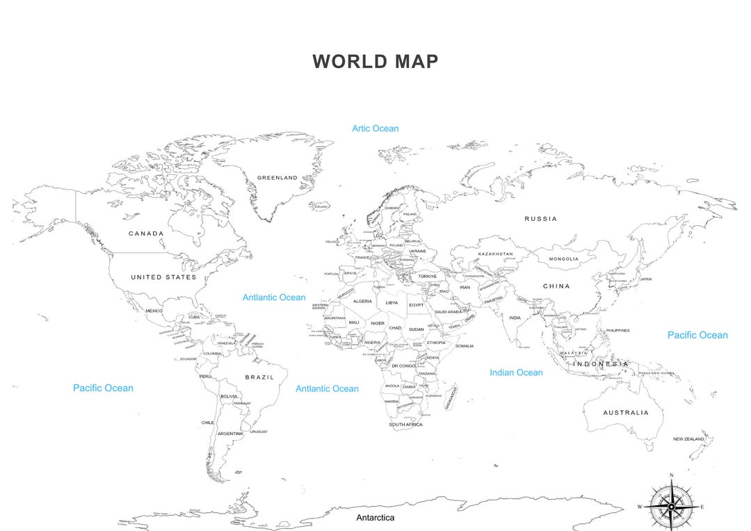 Weltkarte, Weltkarte zum Ausmalen, Weltkarte Linien, Farbe Länder