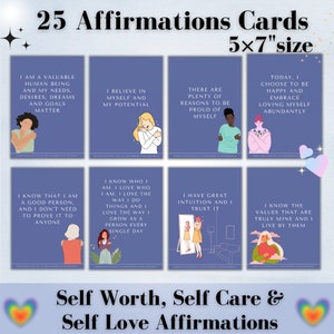 25 Self Worth, self love gift, self care Affirmation cards printable | mindfulness cards | positive deck affirm daily quotes | digital