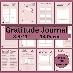 Puede incluir: Un diario de gratitud imprimible rosa y blanco con 14 páginas. El diario incluye indicaciones, listas y páginas de reflexión para ayudarte a practicar la gratitud. El diario mide 8,5 pulgadas por 11 pulgadas.