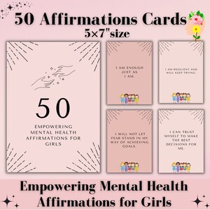 Puede incluir: Conjunto de 50 tarjetas de afirmación rosas con texto negro e ilustraciones. Las tarjetas miden 12,7 x 17,8 cm y presentan mensajes empoderadores para la salud mental. El texto en las tarjetas incluye frases como "Soy suficiente" y "No dejaré que el miedo se interponga en mi camino para lograr mis objetivos."