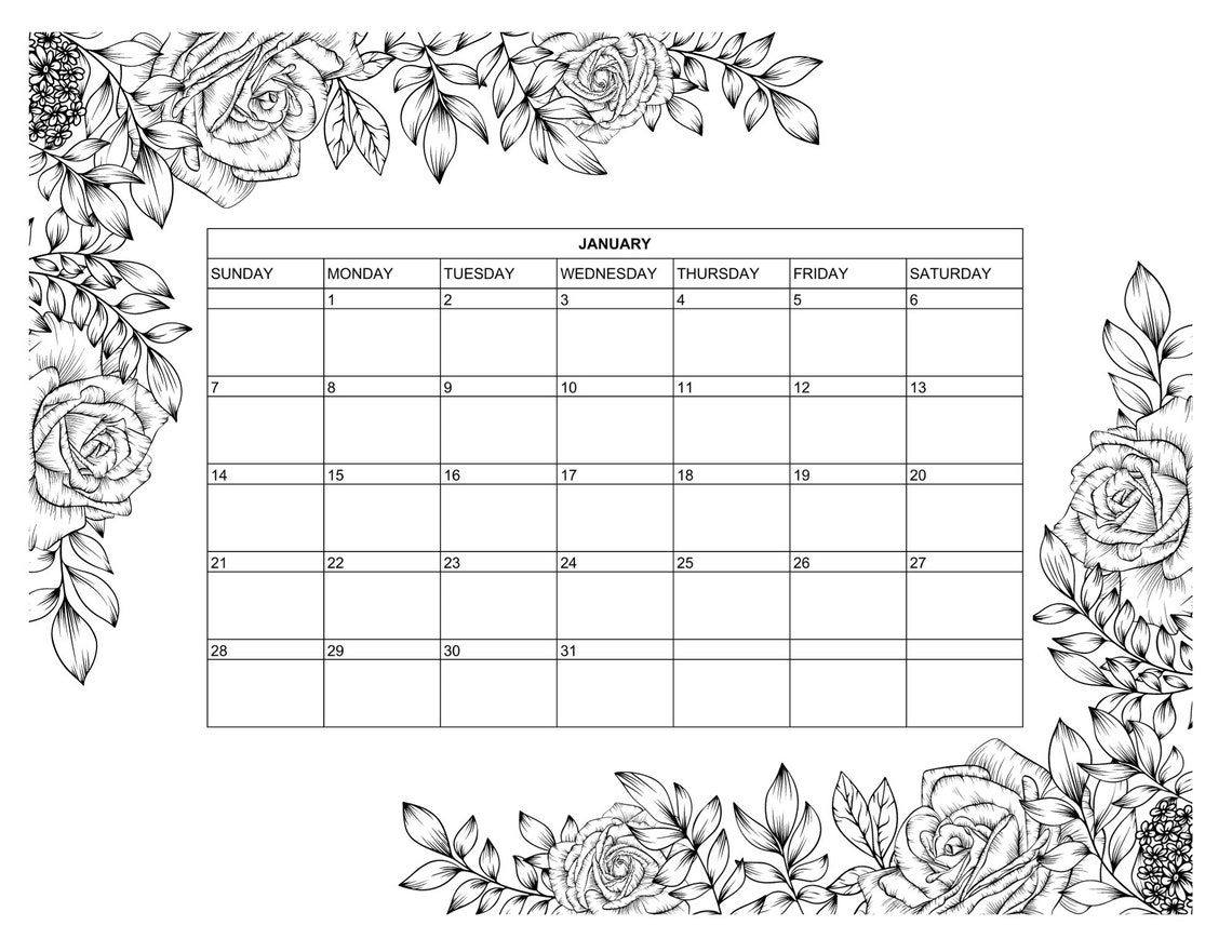 Flower Coloring Book Calendar Printable Download Etsy