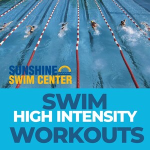 May include: A swimming pool with swimmers in lanes marked by red and white floats. The image includes the text "SUNSHINE SWIM CENTER" in yellow and blue. Below, the text "SWIM HIGH INTENSITY WORKOUTS" is in white and blue.