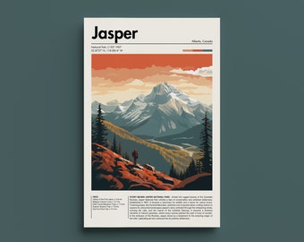 Jasper National Park Print - Retro Canada Landscape Poster, Vintage Rocky Mountain Art, Nature Lover Wall Decor, Rocky Mountain Art, Hike