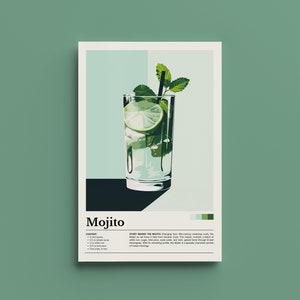 Mojito Cocktail Poster - Vintage Bar Dekor | Retro Mojito Kunst | MCM Küche Dekor | Valentinstag Geschenk | Mojito Liebhaber Geschenk | Minimalistischer Druck