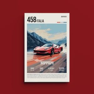 Impressão automotiva retrô Ferrari 458 Italia - pôster de supercarro vintage, decoração exótica para entusiastas de carros, arte de parede de garagem,