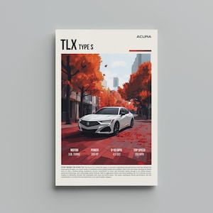 Puede incluir: Un sedán Acura TLX Type S blanco conduciendo por una calle bordeada de follaje otoñal rojo y naranja. El coche tiene una parrilla negra y ruedas negras. El texto "ACURA TLX TYPE S" está en la parte superior de la imagen. El texto "MOTOR 3.0L TURBO, POWER 355 HP, 0-60 MPH 4.5 SEC, TOP SPEED 155 MPH" está en la parte inferior de la imagen.